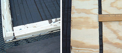Two side-by-side detail images of the bat house building process. The plywood is screwed, caulked, and getting ready for final assembly.