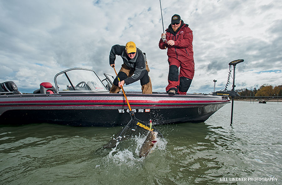 Anglers netting a smallmouth bass