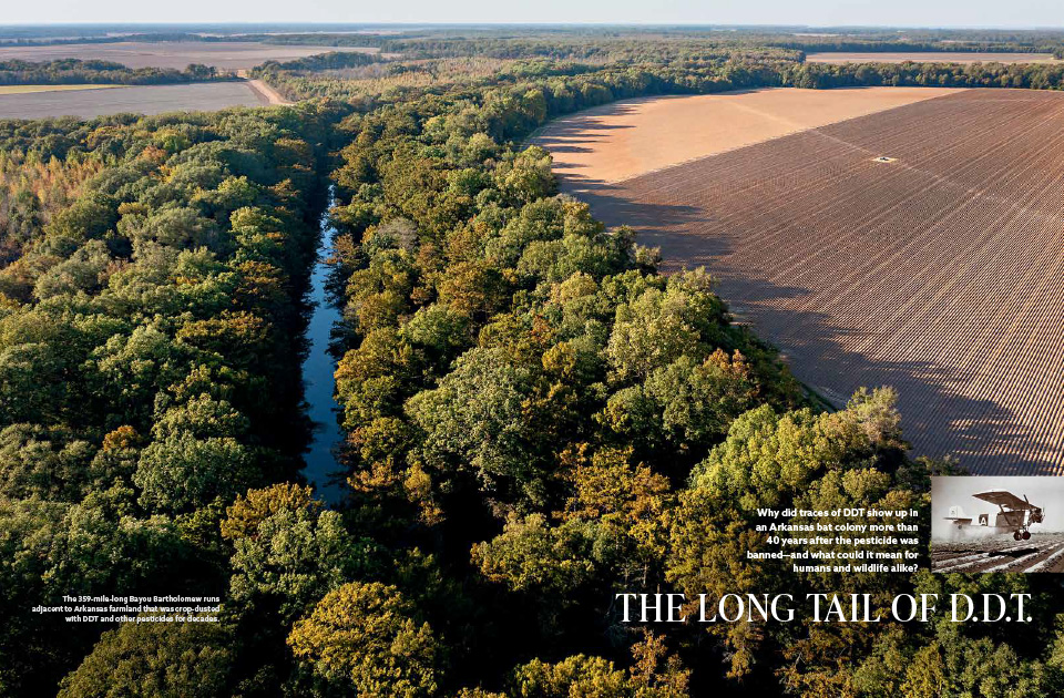 A magazine article spread containing text and an image of farmland that borders Bayou Bartholomew.