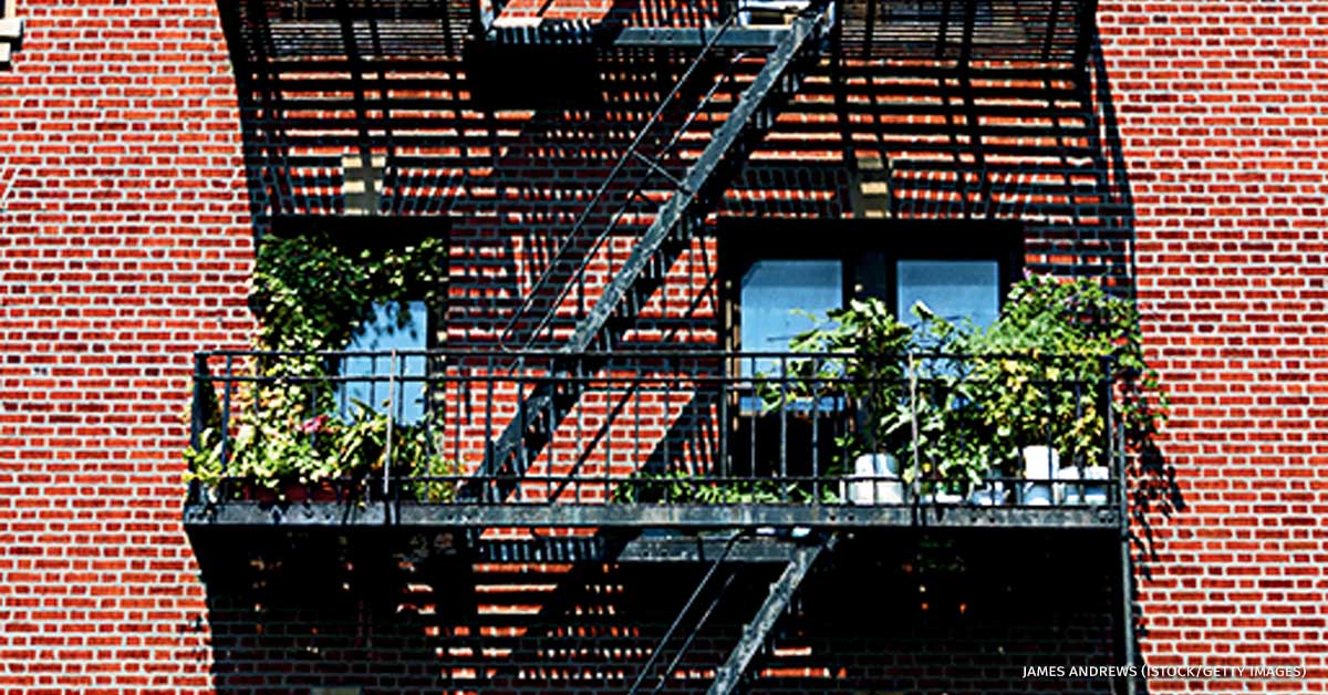 An image of fire escapes with potted plants on the side of an old red brick apartment building.